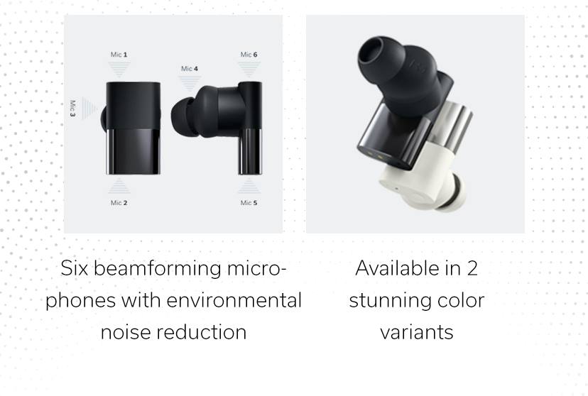 Six beamforming microphones with environmental noise reduction | Available in 2 stunning color variants