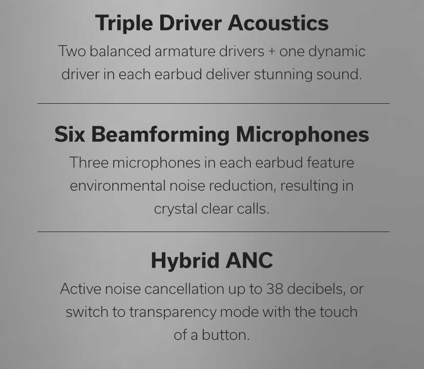 Triple Driver Acoustics - Six Beamforming Microphones - Hybrid ANC