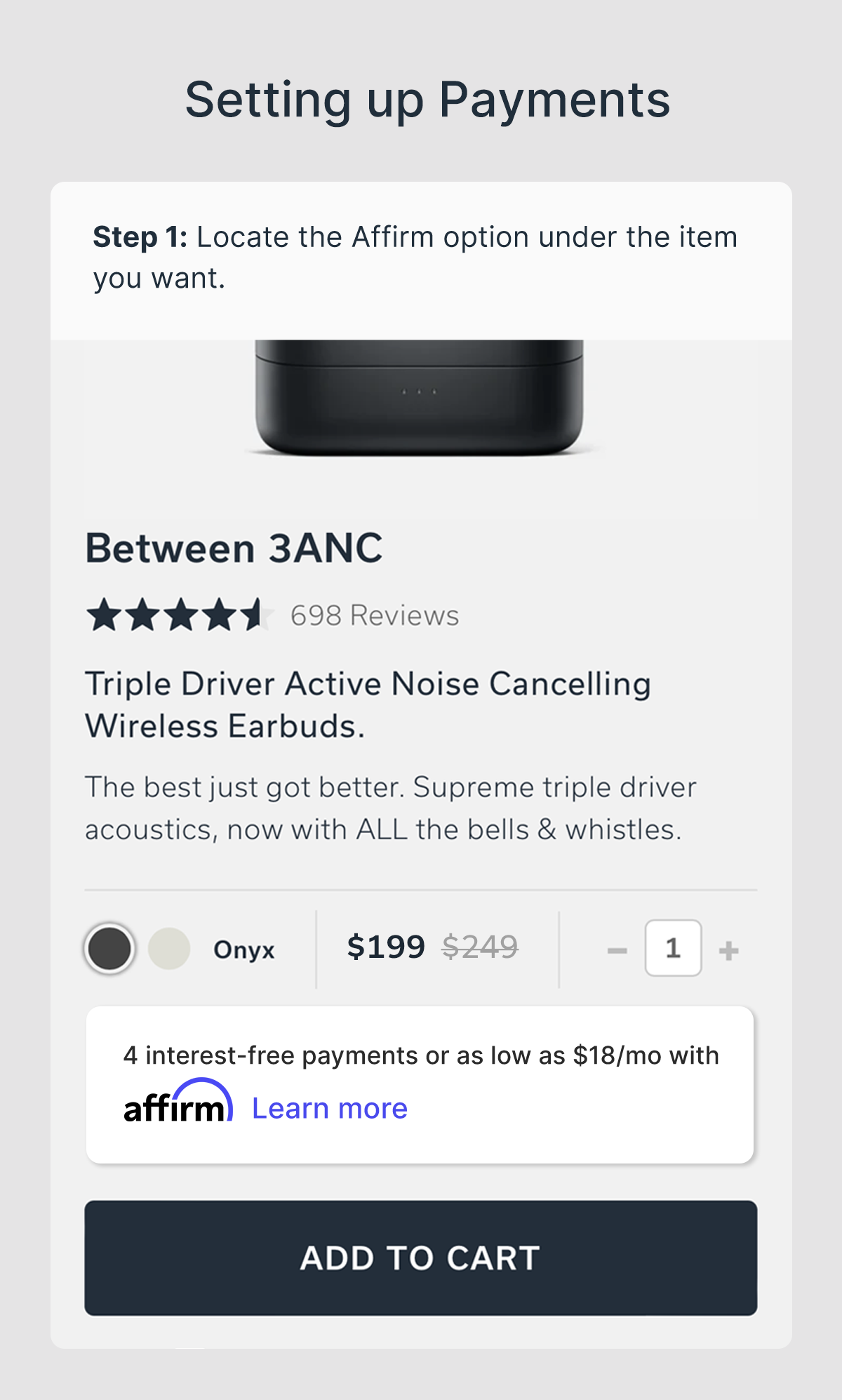 Setting up Payments | Step 1: Locate the Affirm option under the item you want.
